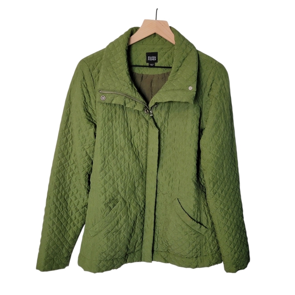 Eileen Fisher Quilted Jacket 100% Silk Green Zip Front Pockets Size S‎